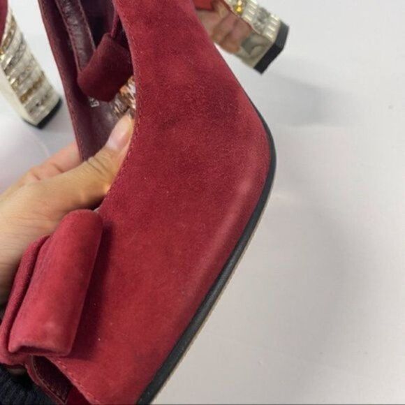 Margaret Pumps Wine Colr Bow Peep Toe Suede Look Holiday Wear to Work Chunky - Picture 8 of 8